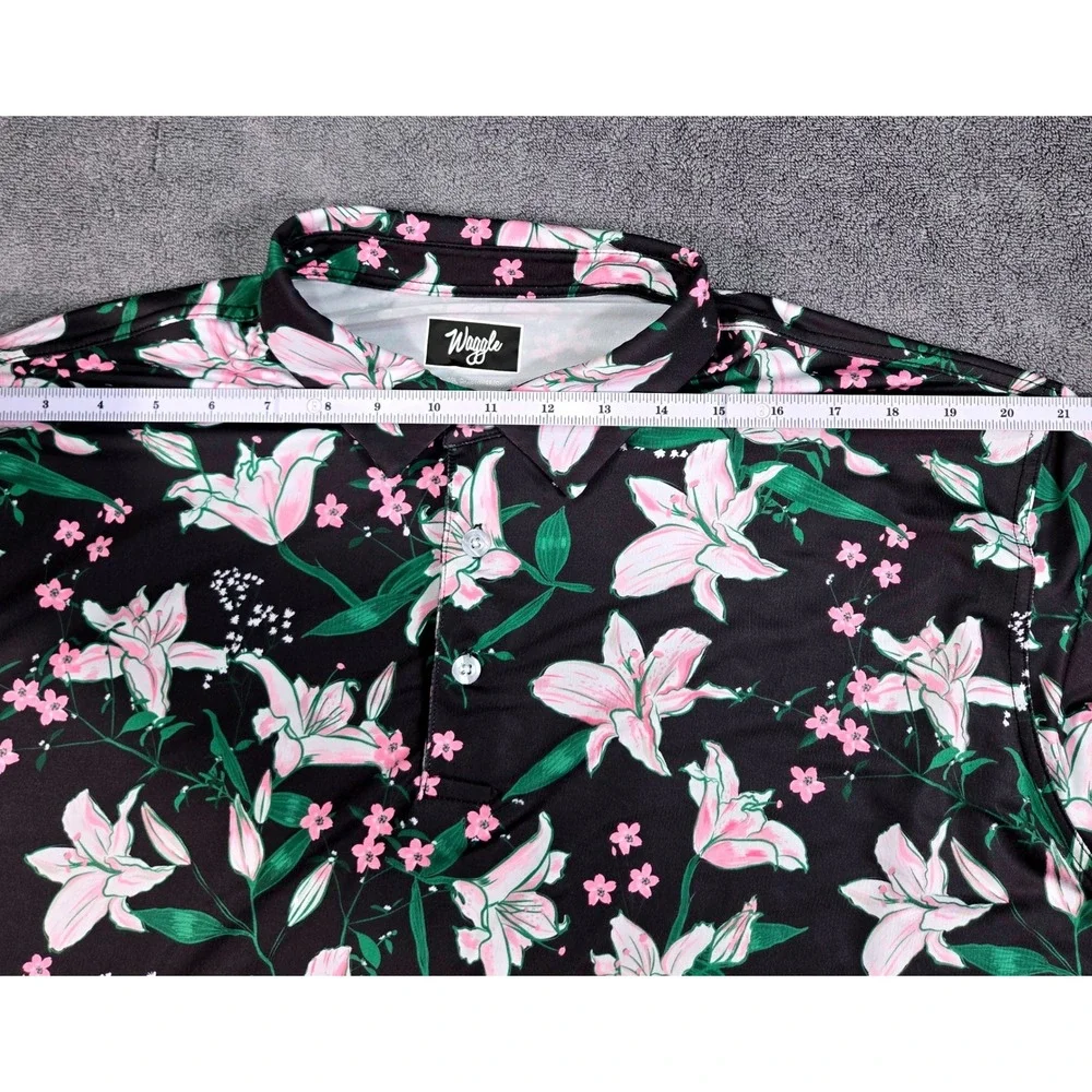 Waggle Golf Polo Mens 2XL Black Pink Floral Lily Performance Stretch Excellent - Picture 8 of 10